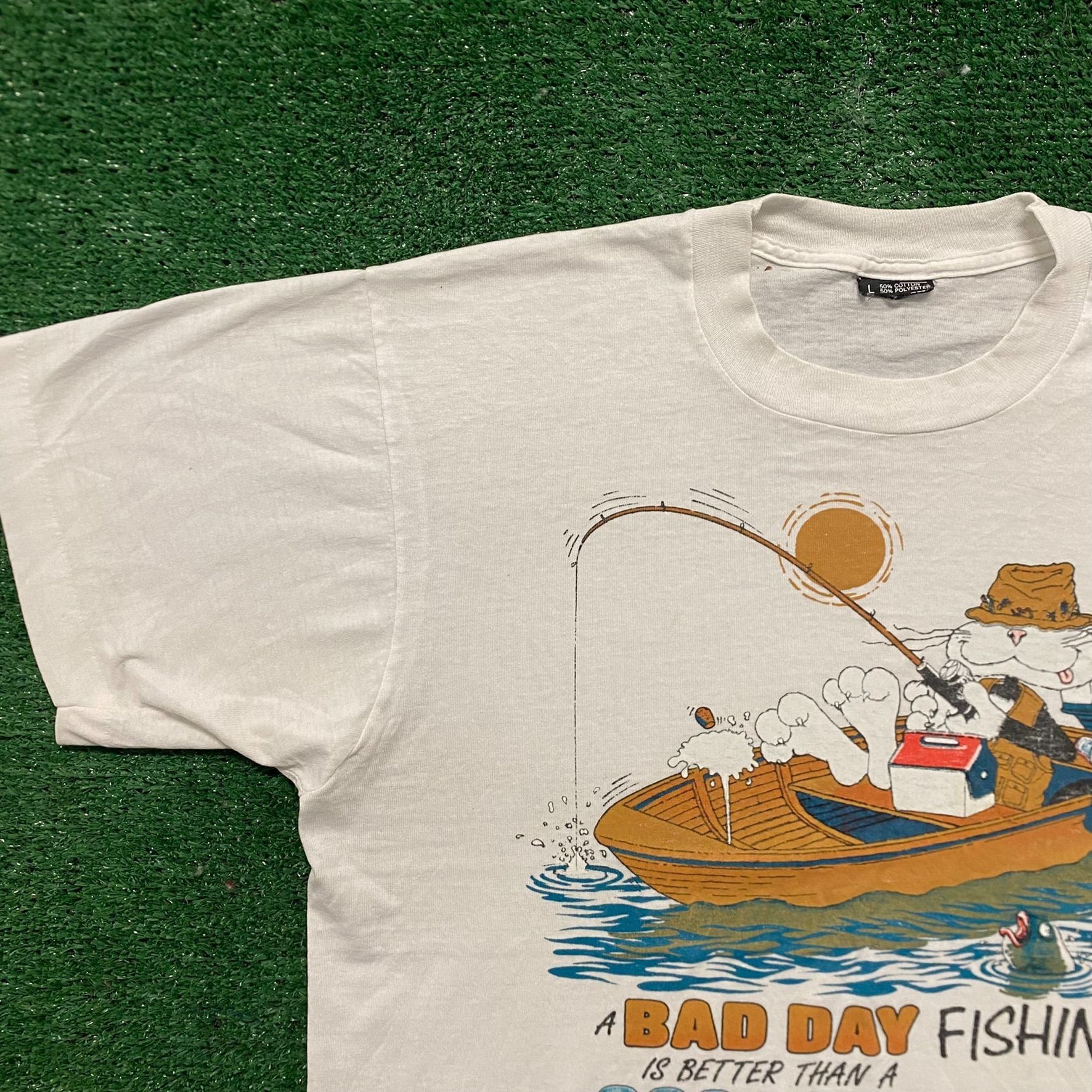 Vintage Vintage 80s Fishing Quote Comic Cartoon Single Stitch Tee Size US L / EU 52-54 / 3 - 2 Thumbnail
