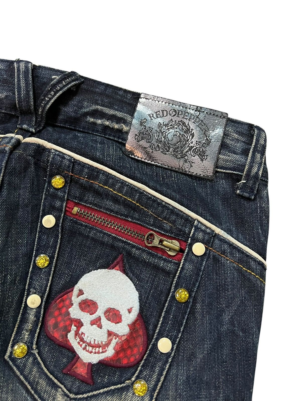 Japanese Brand Flare Redpepper Embroidery Skull Mud Wash Lowrise Jean Size US 31 - 18 Thumbnail