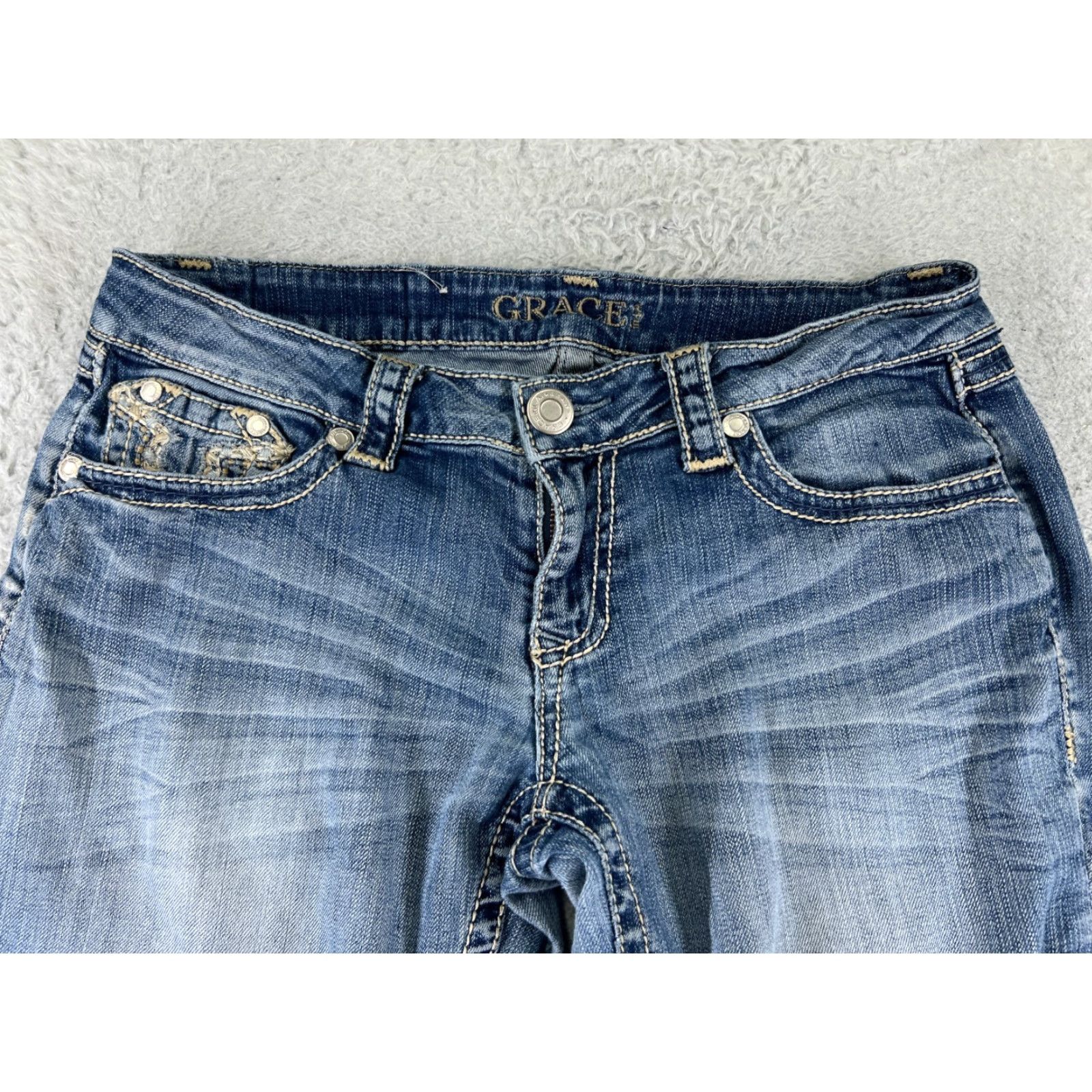 Grace in LA Grace In LA Jeans Womens 29 Blue Denim Wide-Leg Low Rise Embroidered 29x26 Size 29" - 4 Thumbnail