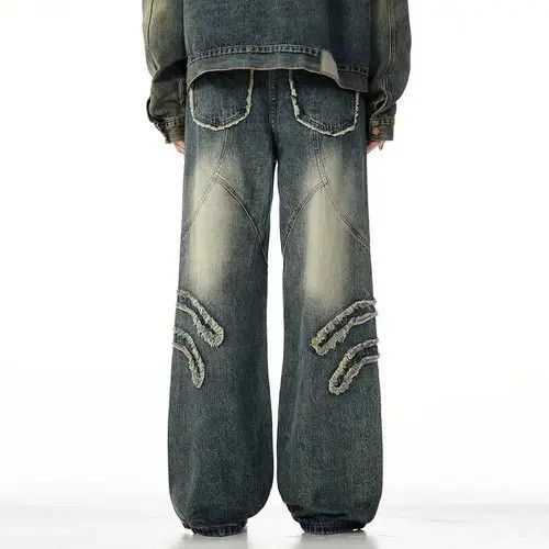 Jean Vintage Blue Graphic Splicing Baggy Jeans Size US 33 - 4 Thumbnail