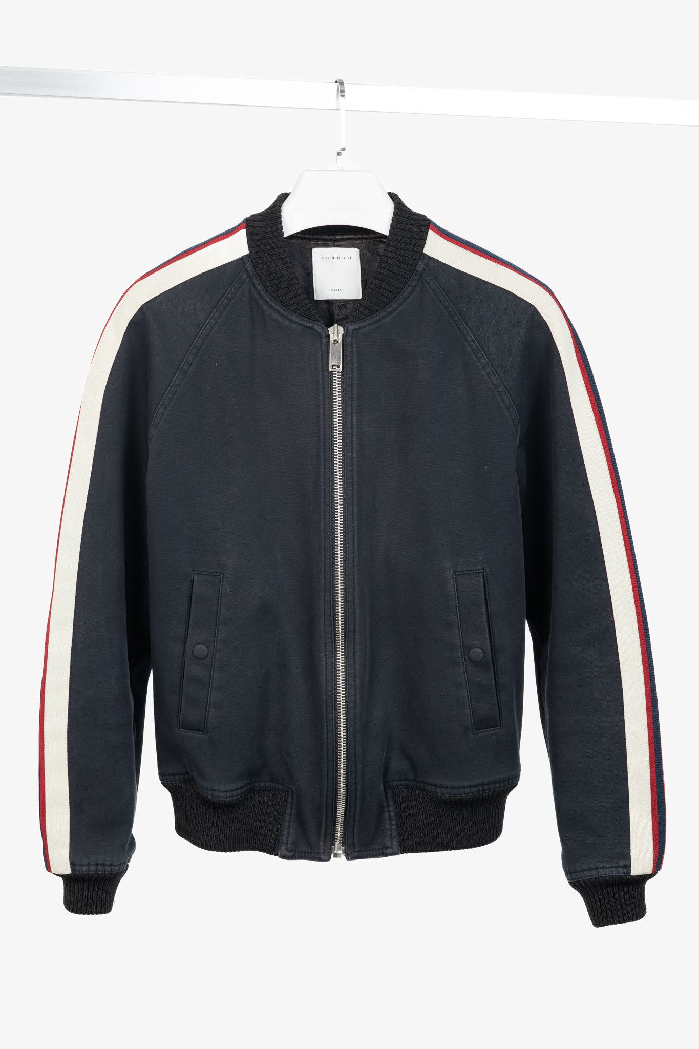 Sandro Sandro Navy Blue Striped Sleeve Bomber Jacket Size US L / EU 52-54 / 3 - 1 Thumbnail