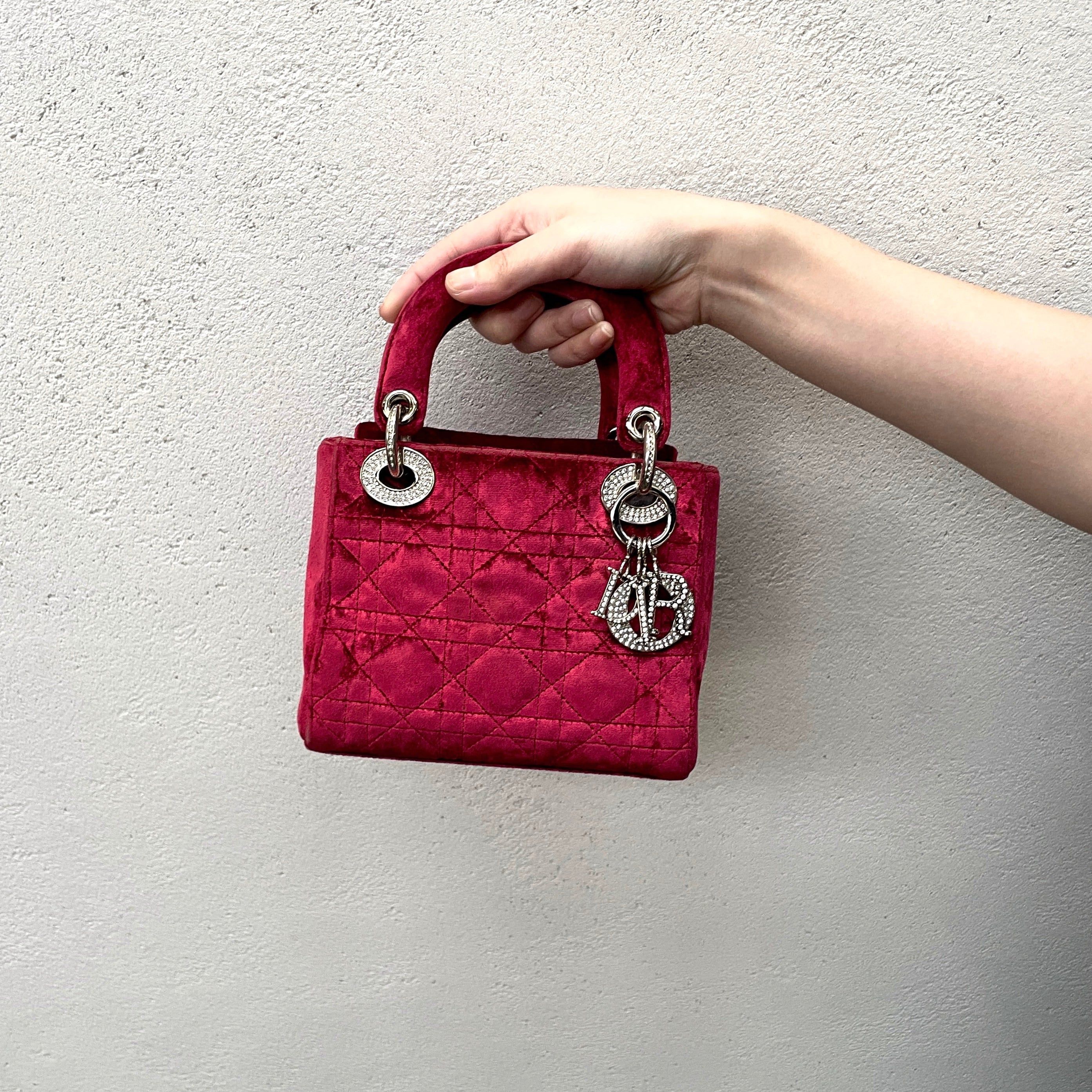 Dior Christian Dior Cannage Ladydior Rhinestone Pendant Mini Handbag Red &Amp; Silver Size ONE SIZE - 1 Thumbnail