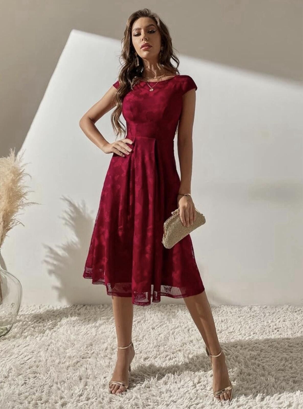 The Unbranded Brand Women Cap Sleeve Boat Neck Flared Hem HighWaist A LineDress Size L / US 10 / IT 46 - 1 Thumbnail