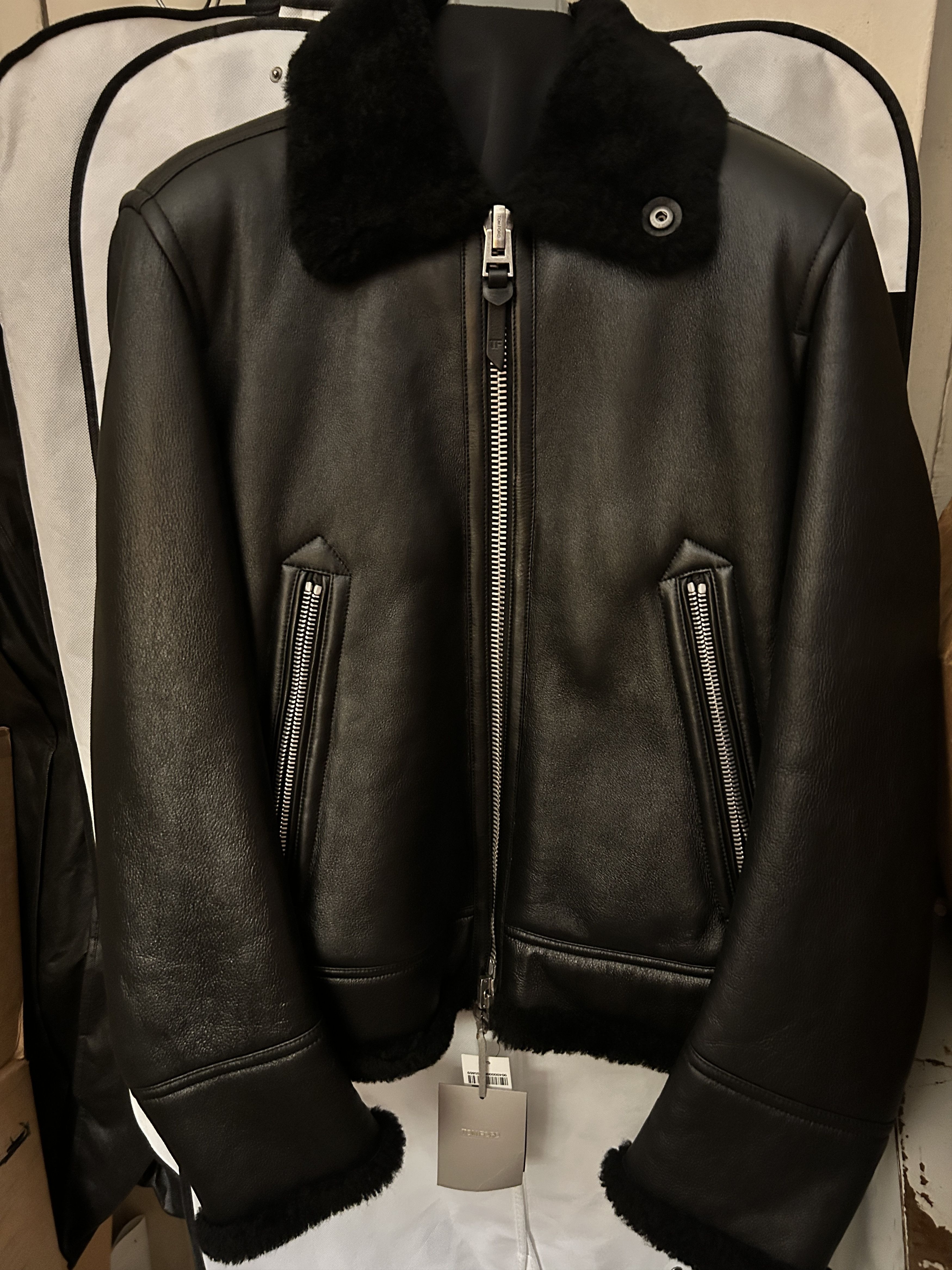 image of Tom Ford Shearling Lined Aviator Leather Jacket Black Size It 48, Men's