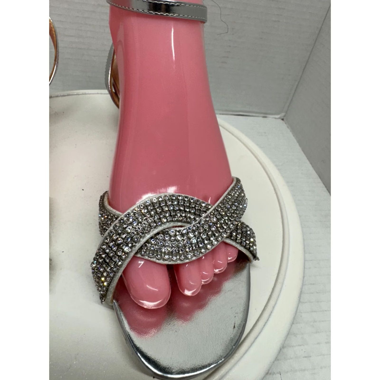 Vintage Nina New York Womens Silver Wedge Rhinestone Ankle Strap Open Toe Heels 8M 38 - USA Size 6 Size US 6 / IT 36 - 4 Thumbnail