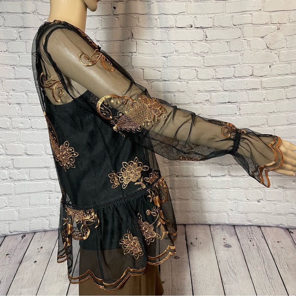 Other NWT New Fever Embroidered Mesh Long Sleeve Black Gold Top B Size XS / US 0-2 / IT 36-38 - 3 Thumbnail
