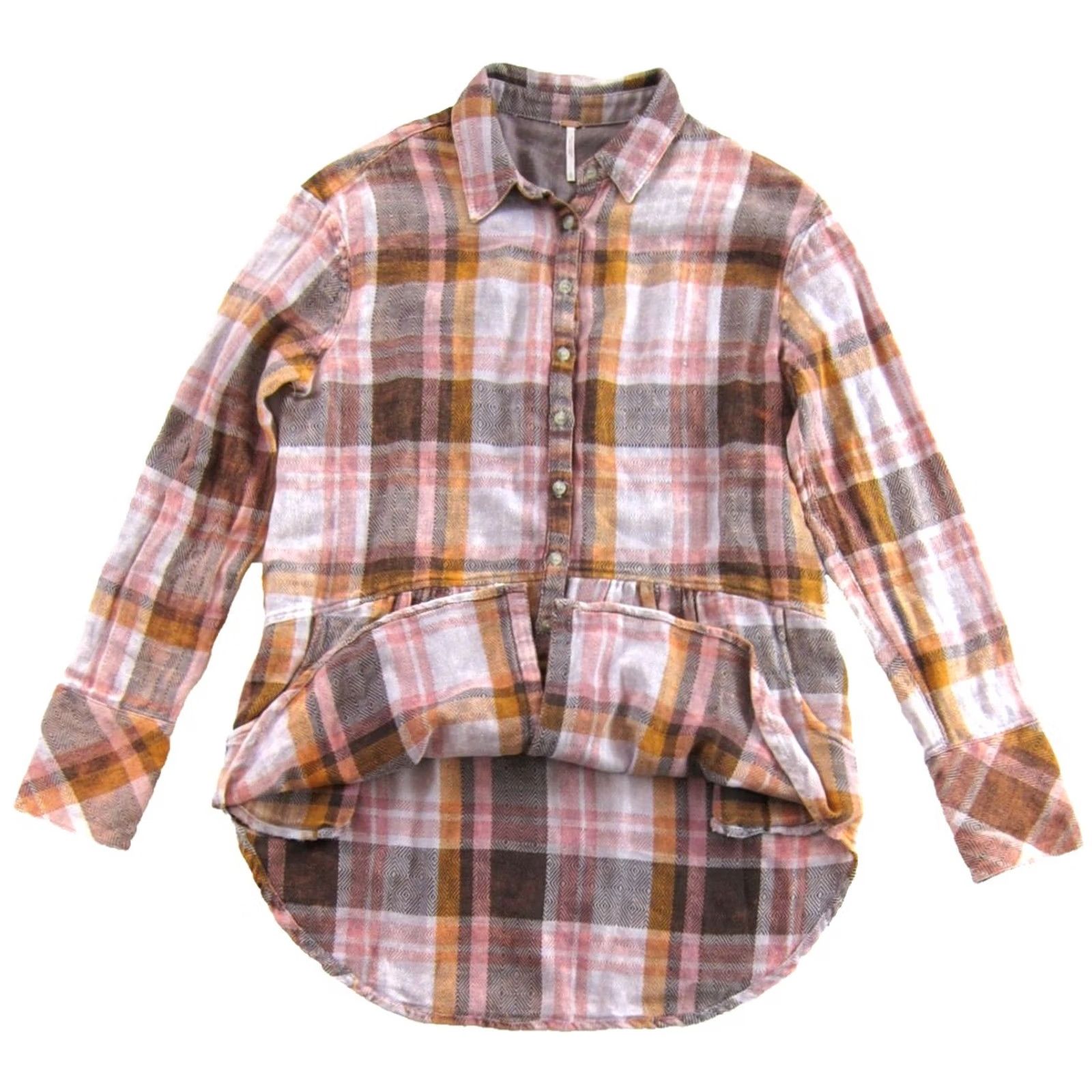 Free People Free People Blouse Shirt Womens S Oversized Plaid Flannel 100% Cotton Button Up Pink Orange Brown Pocket Casual Sleeve Size S / US 4 / IT 40 - 4 Thumbnail