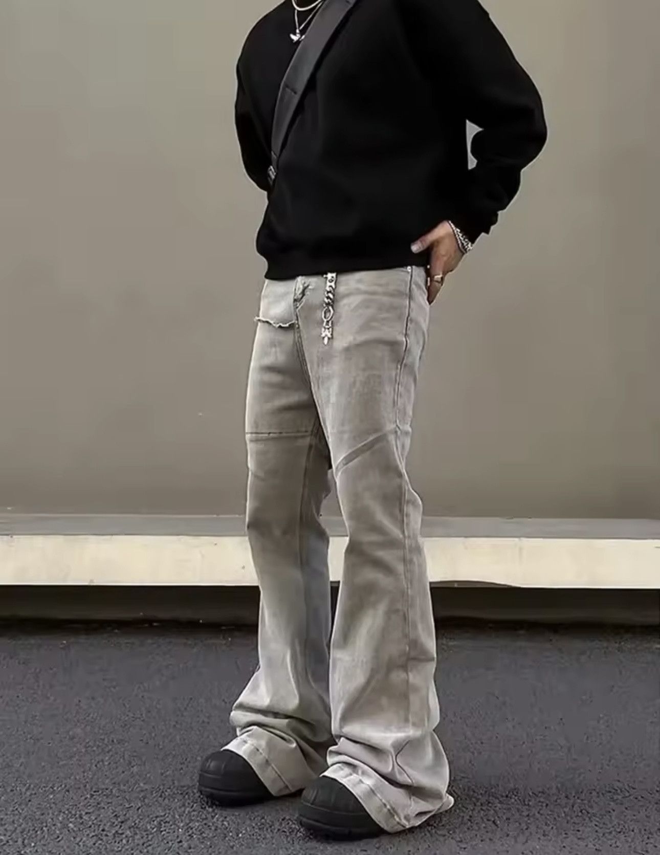 Denime × Jean Kanye Cyber Y2K Fashion Baggy Stacked Flare Jeans Size US 29 - 2 Thumbnail