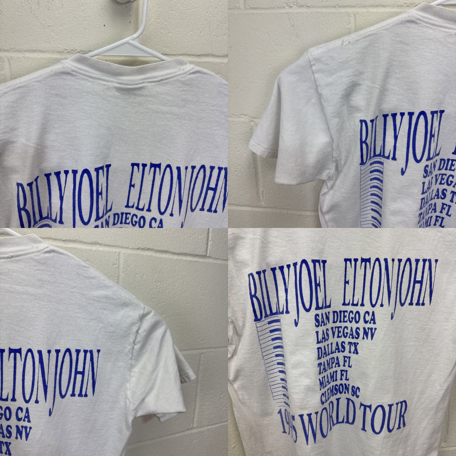 VINTAGE Billy Joel & Elton John T-Shirt Men's L White 90s World Tour Graphic Print Double-Sided Crew Neck - Softee