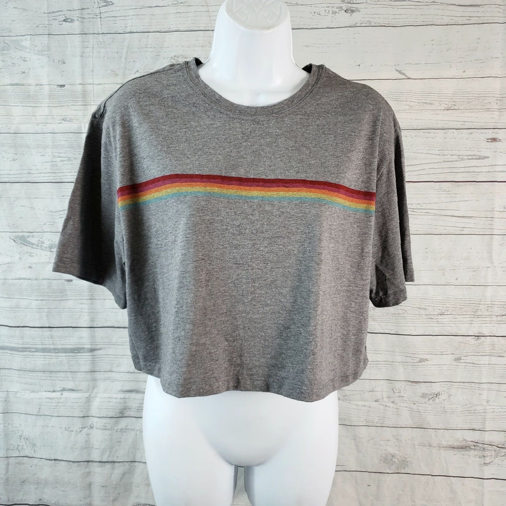 Fabletics Fabletics Womens Jade Boxy Tee Sz Large Gray Rainbow Stripe Cotton Blend Shirt Cropped Short Sleeve Round Neck Pullover Womens Colorful 90s? Size L / US 10 / IT 46 - 2 Thumbnail