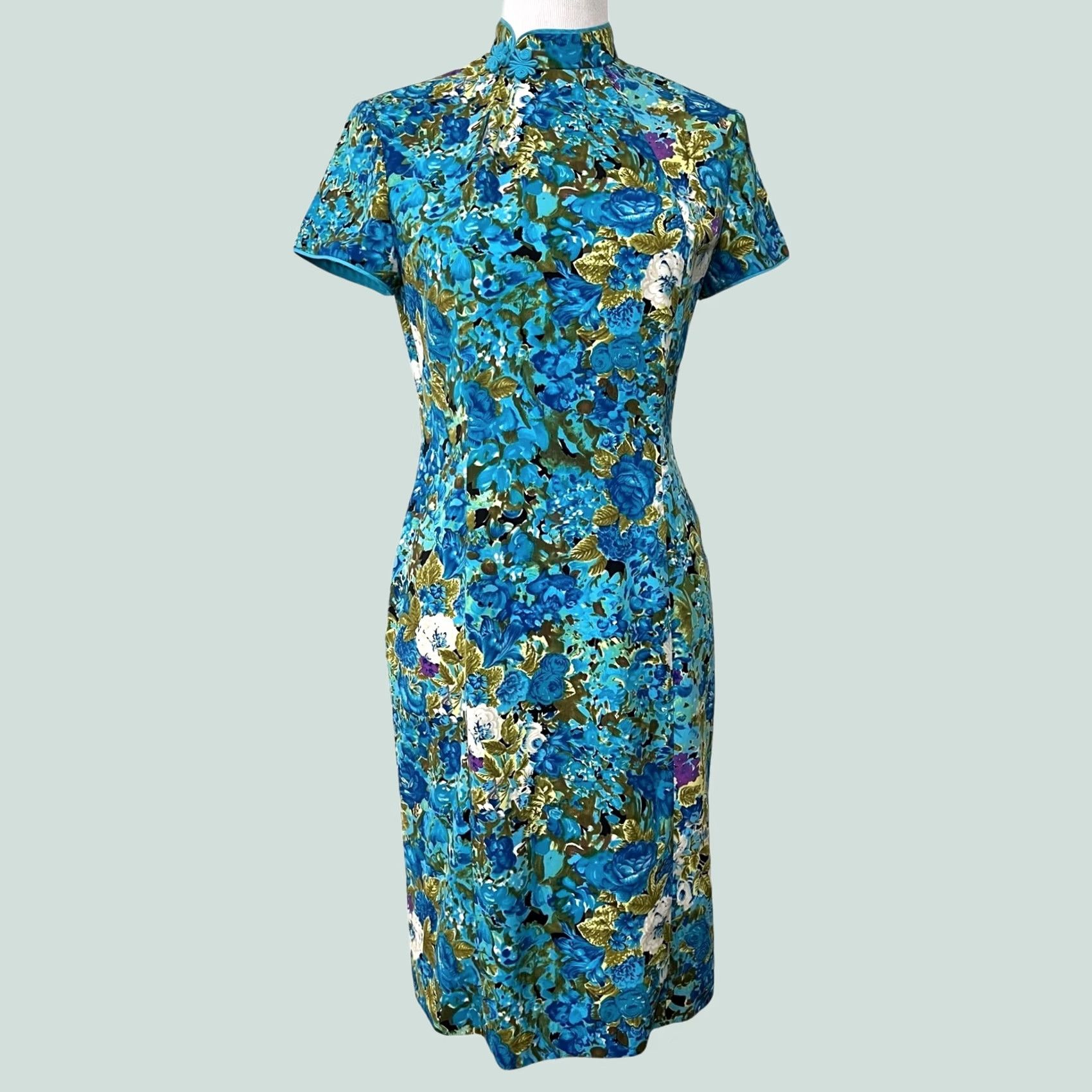 Vintage Jane Story Asian Women’s Dress Blue Floral Mandarin Collar 165/88A Sz L Size L / US 10 / IT 46 - 1 Thumbnail