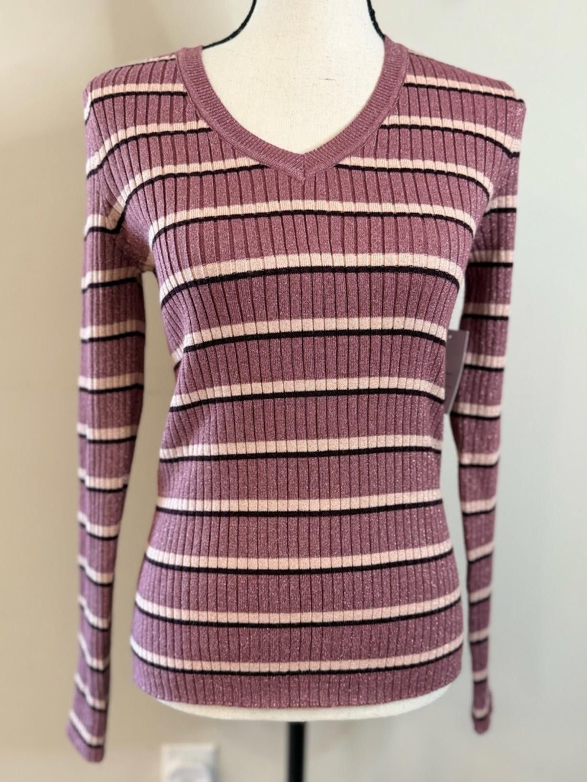 Nine West Nine West metallic stripe V neck sweater pink brown tan SZ M Size M / US 6-8 / IT 42-44 - 1 Thumbnail