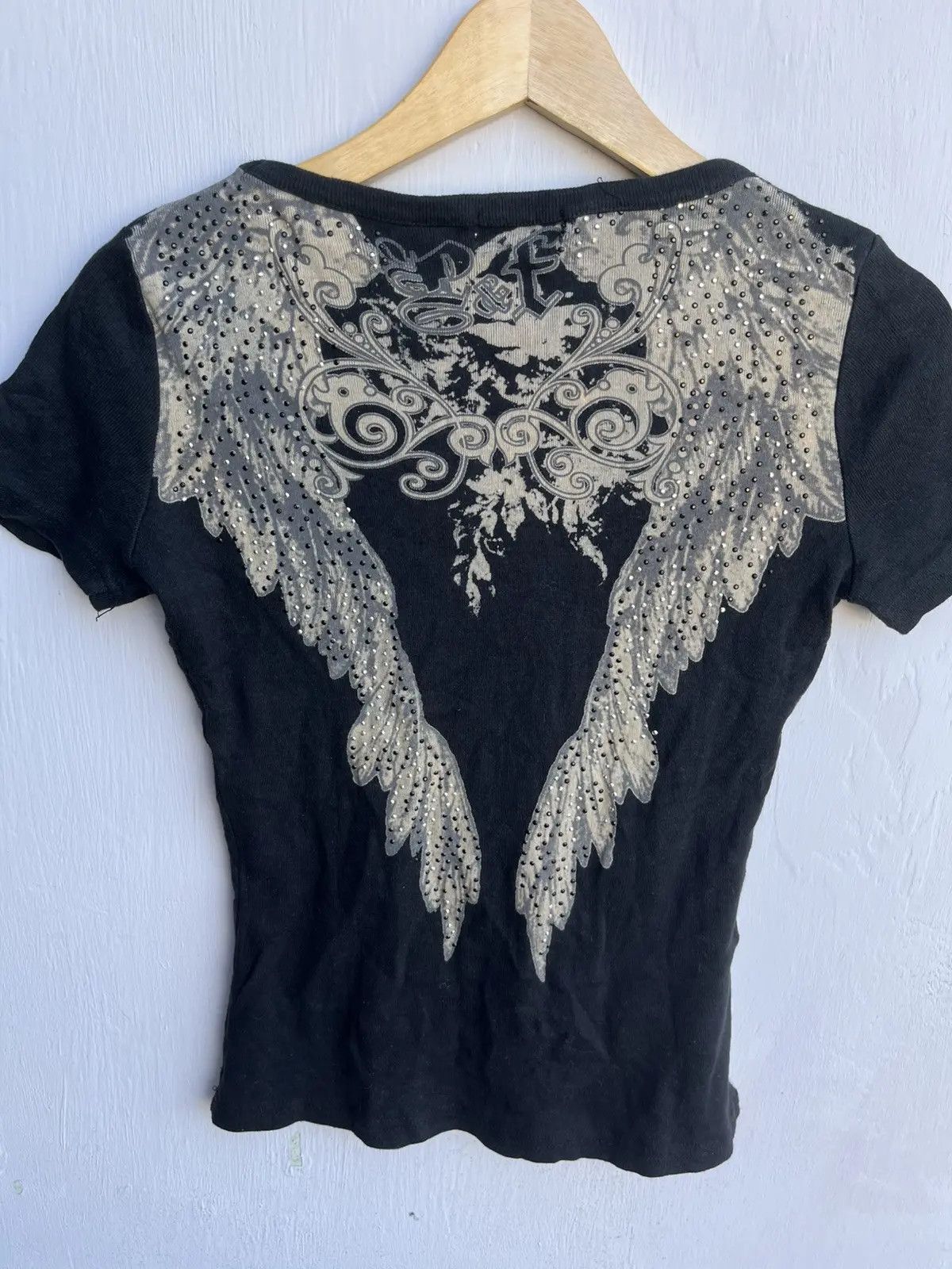 Japanese Brand Vintage Y2K Wing Graphic Tee Rhinestone Studded Grunge Size S / US 4 / IT 40 - 4 Thumbnail