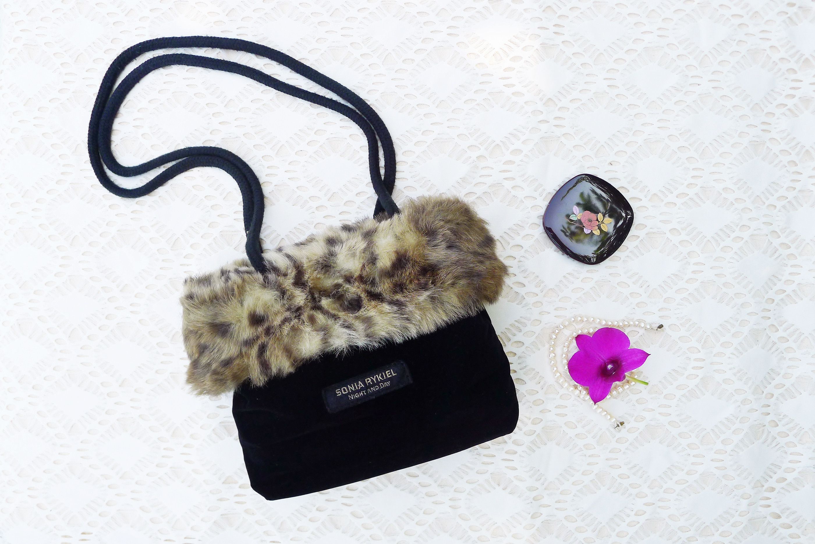 SONIA RYKIEL Y2K black velvet and Leopard Fur shoulder bag