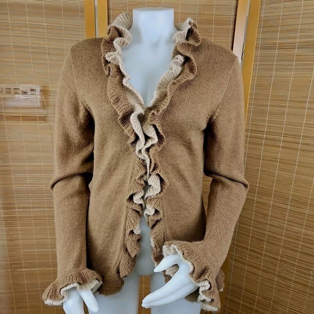 Handmade Baby Alpaca Sweater Womens L Beige Brown Ruffled Long Sleeve Size L / US 10 / IT 46 - 2 Thumbnail