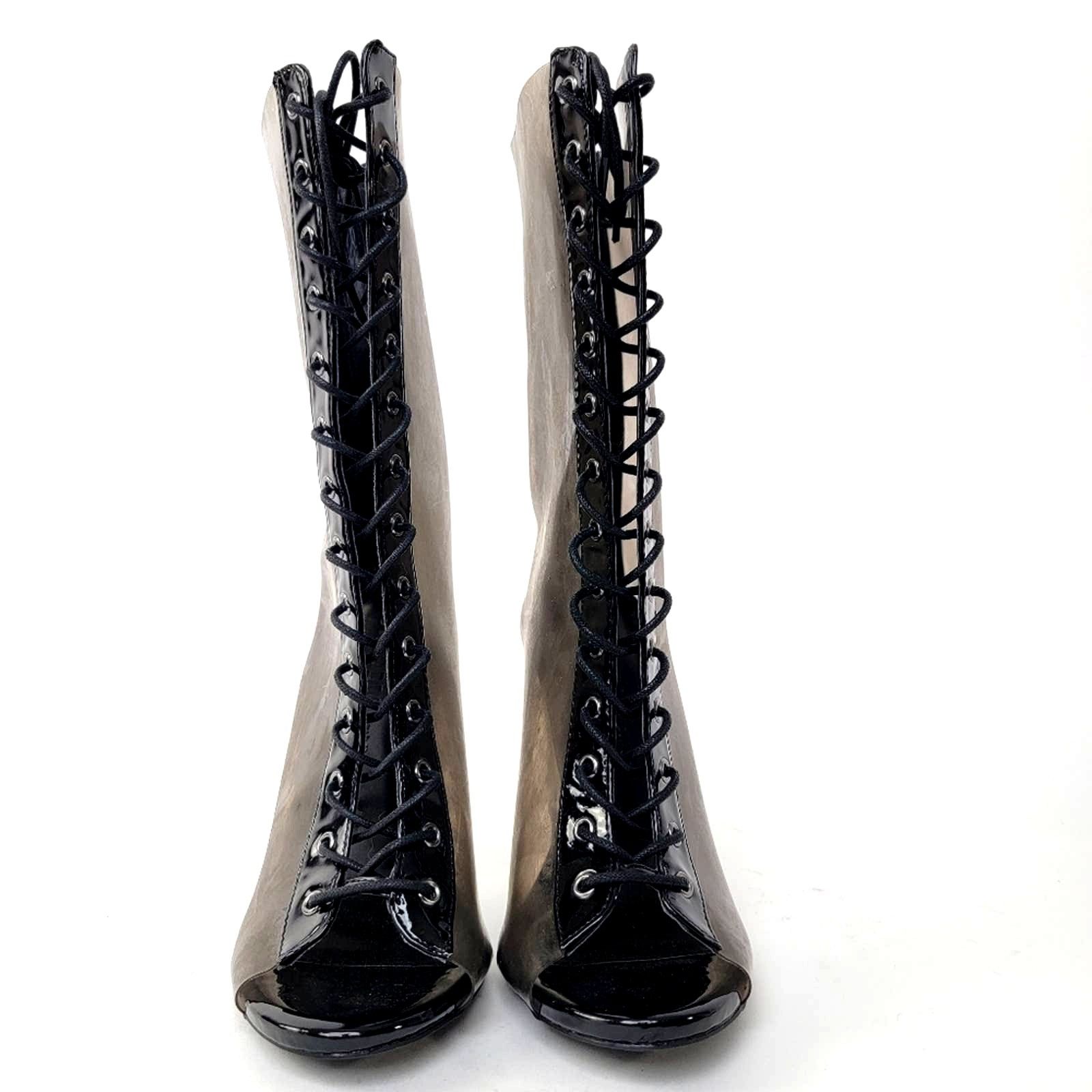 Vintage Y2k Wild Diva Clear Chunky Smoke Black Lace Up Heel Boots Size US 7.5 / IT 37.5 - 6 Thumbnail