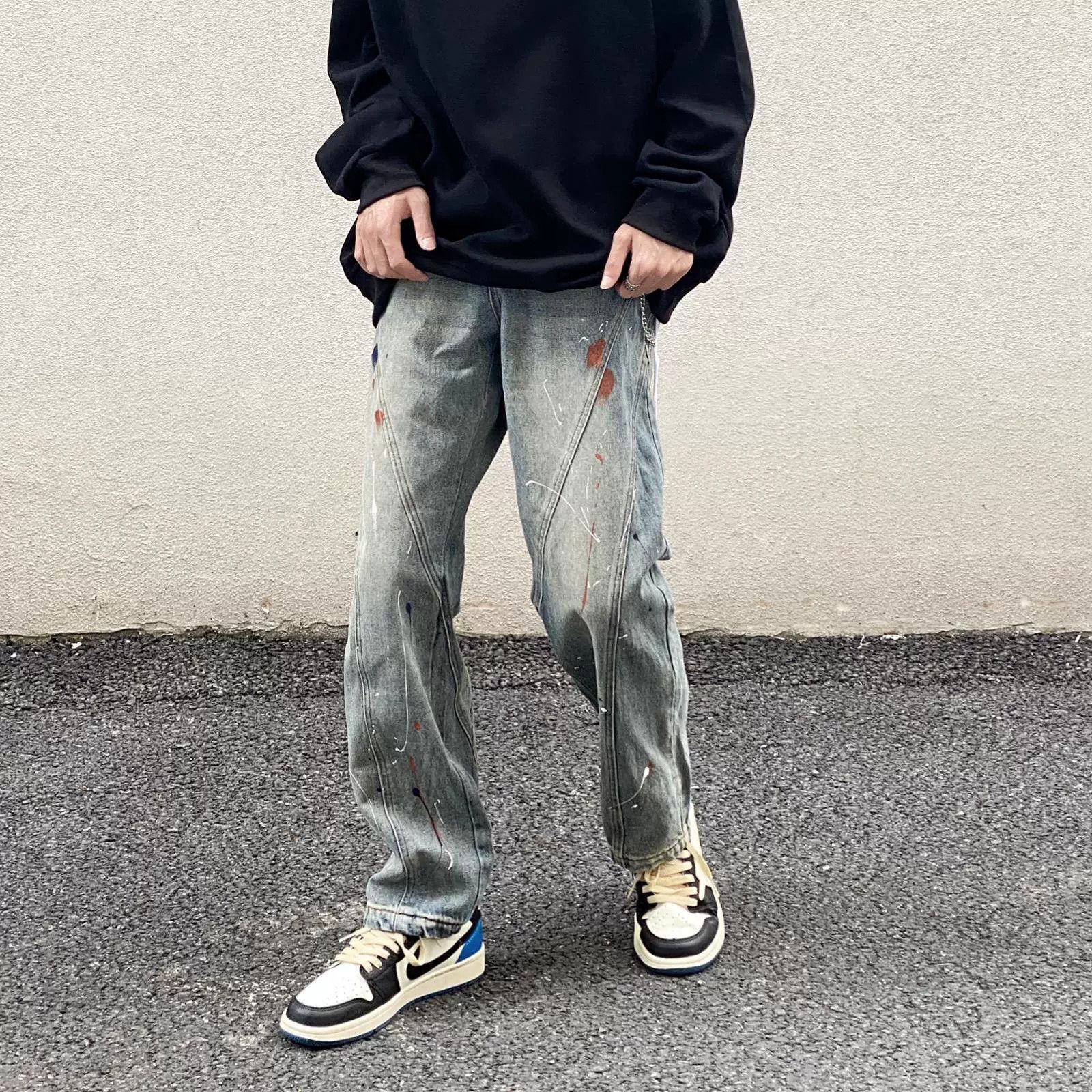 Vintage Retro distressed loose stitching hip-hop ink-splashed jeans Size US 32 / EU 48 - 3 Thumbnail
