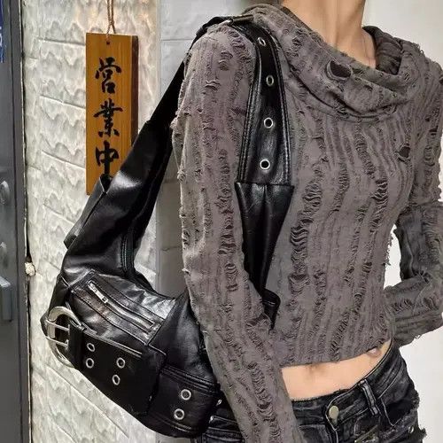Designer Streetwear Punk Black Shoulder Crossbody Bag Y2k Size ONE SIZE - 2 Thumbnail