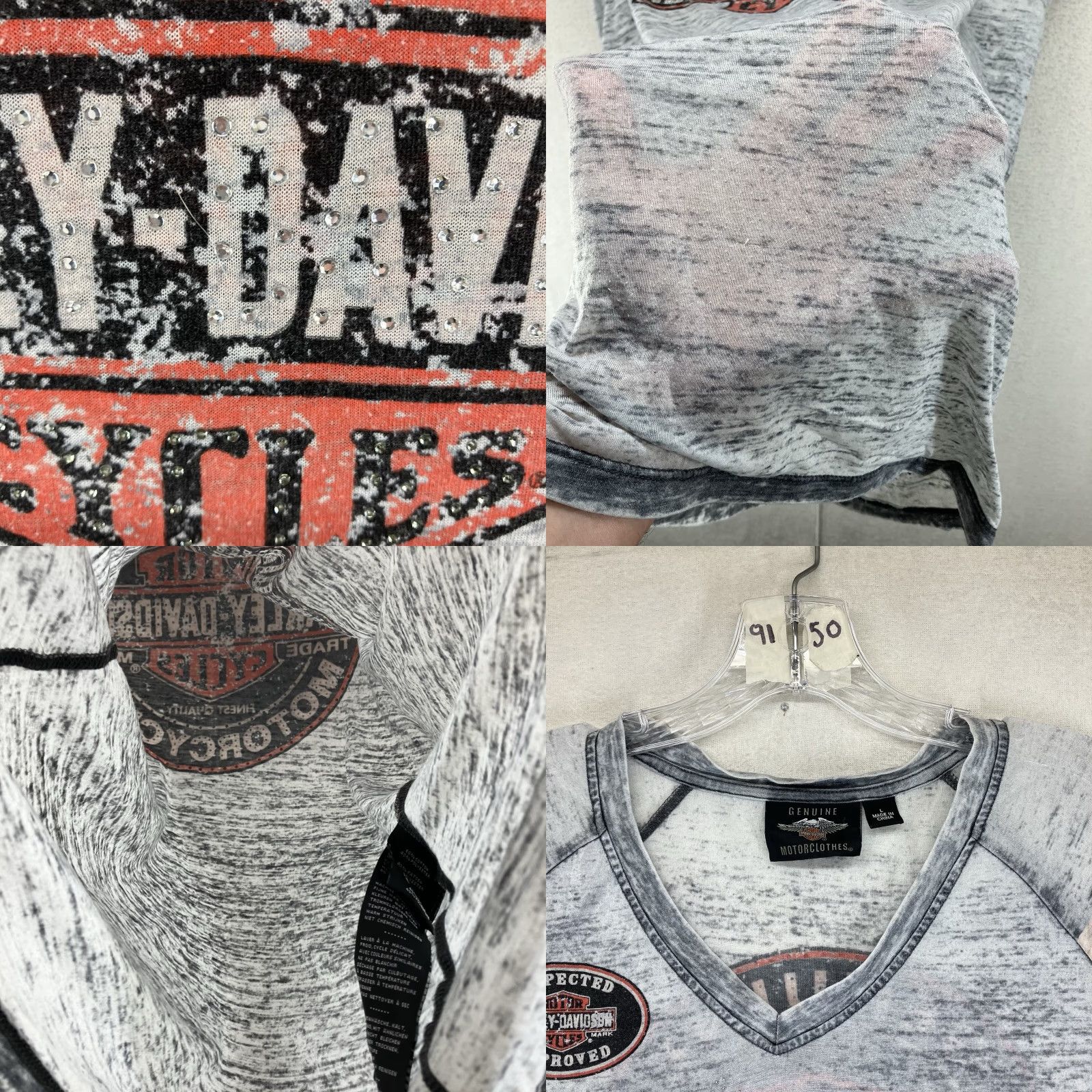 Harley Davidson Harley-Davidson T-Shirt Women Gray V-Neck Short Sleeve Angel Rhinestones 90s Retro Biker Large Ladies Size L / US 10 / IT 46 - 8 Thumbnail