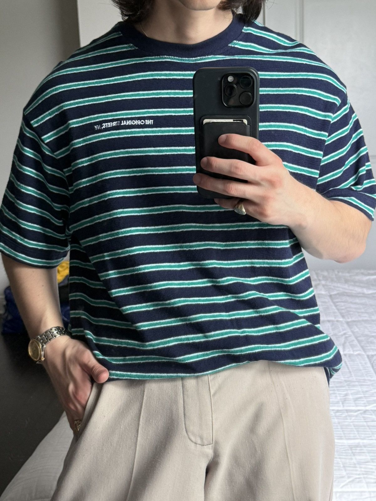 Zara Zara Navy Green White Stripe Tee NY Embroidered Size S Size US S / EU 44-46 / 1 - 1 Thumbnail