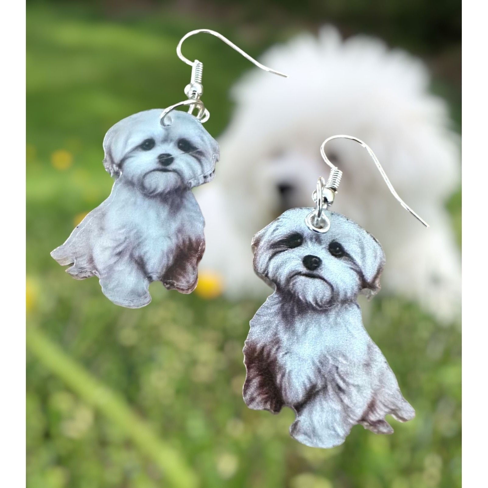 Handmade Bichon Frise Earrings New Dangle Hooks Double Sided Fluffy W Size ONE SIZE - 1 Thumbnail