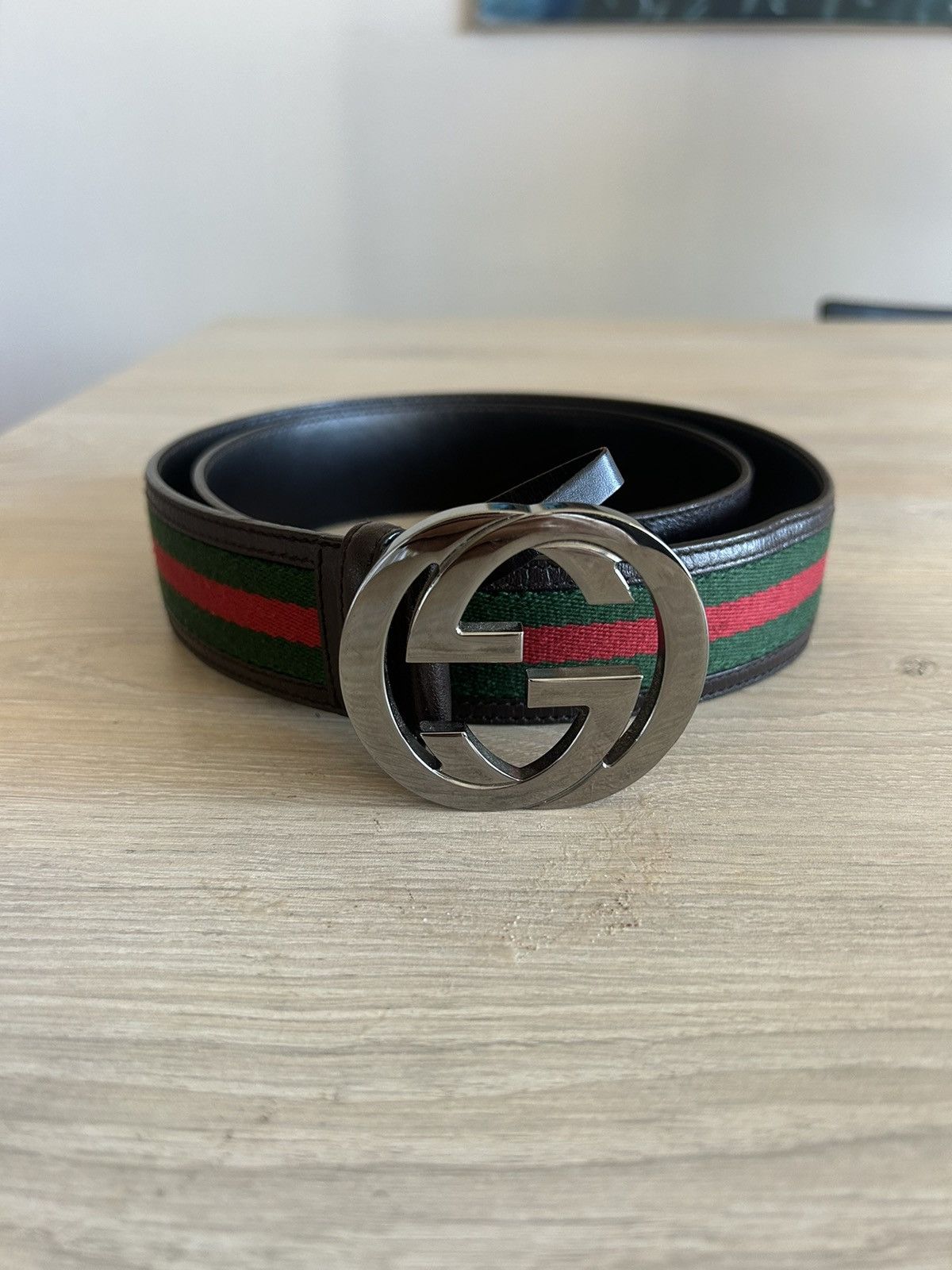 Gucci Gucci Brown Leather GG Supreme Web Belt Size 38 - 2 Thumbnail