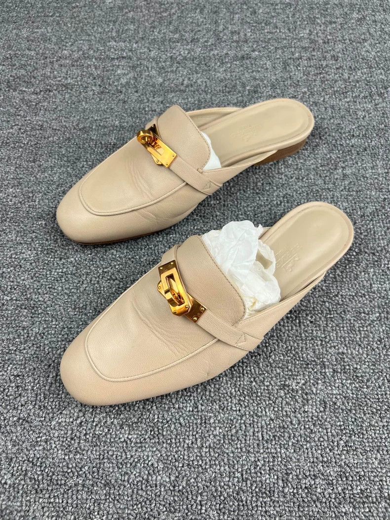 Hermes Hermes Beige Leather Mules with Gold Buckle-yf Size US 5 / EU 37 - 1 Thumbnail