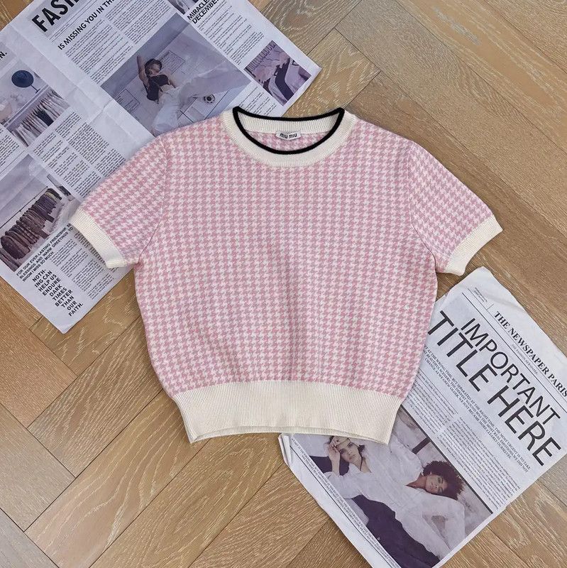 Miu Miu Miu Miu Pink Houndstooth Wool T-Shirt 0089 Size S / US 4 / IT 40 - 1 Thumbnail
