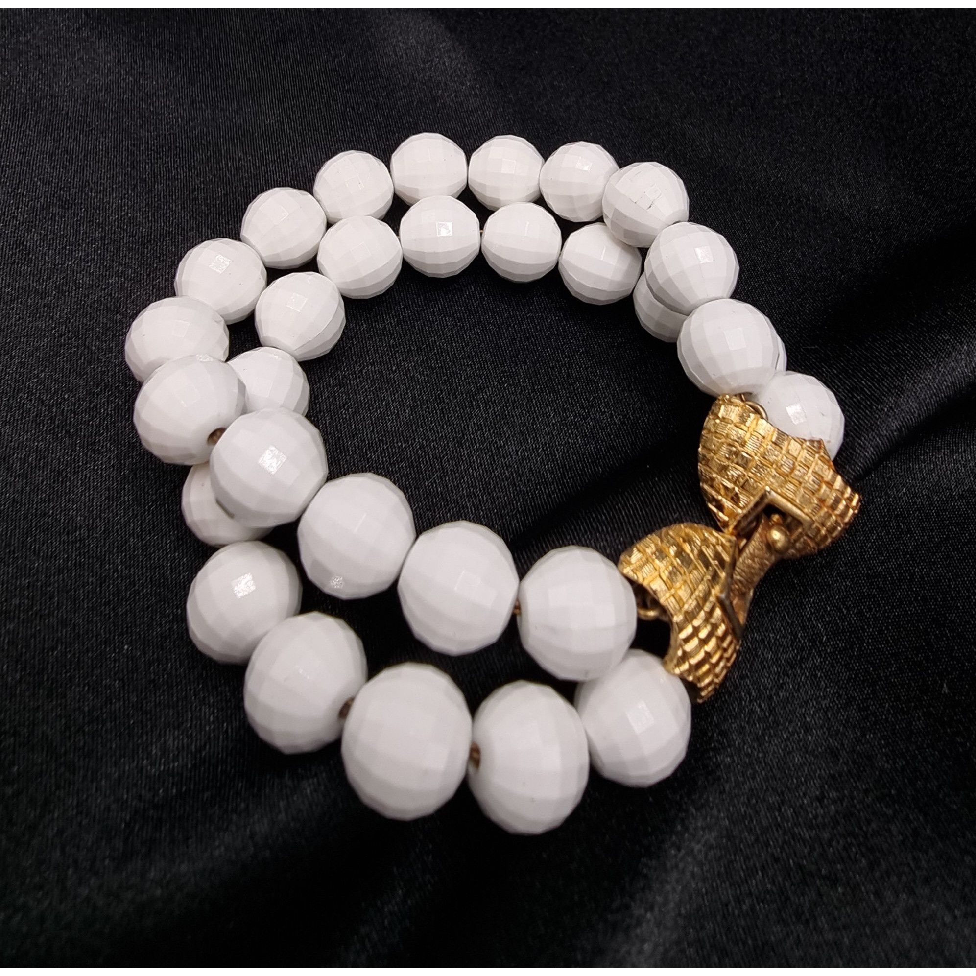 Monet Vintage 60s-70s MONET Signed Gold & White Beaded Double Stra Size ONE SIZE - 2 Thumbnail