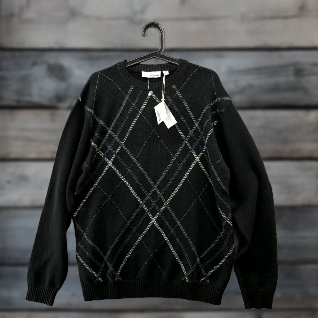 Vintage NWT Adolfo Sweater Mens L Black Cotton Crewneck Knit Pullover Diamond Print Size US L / EU 52-54 / 3 - 1 Thumbnail