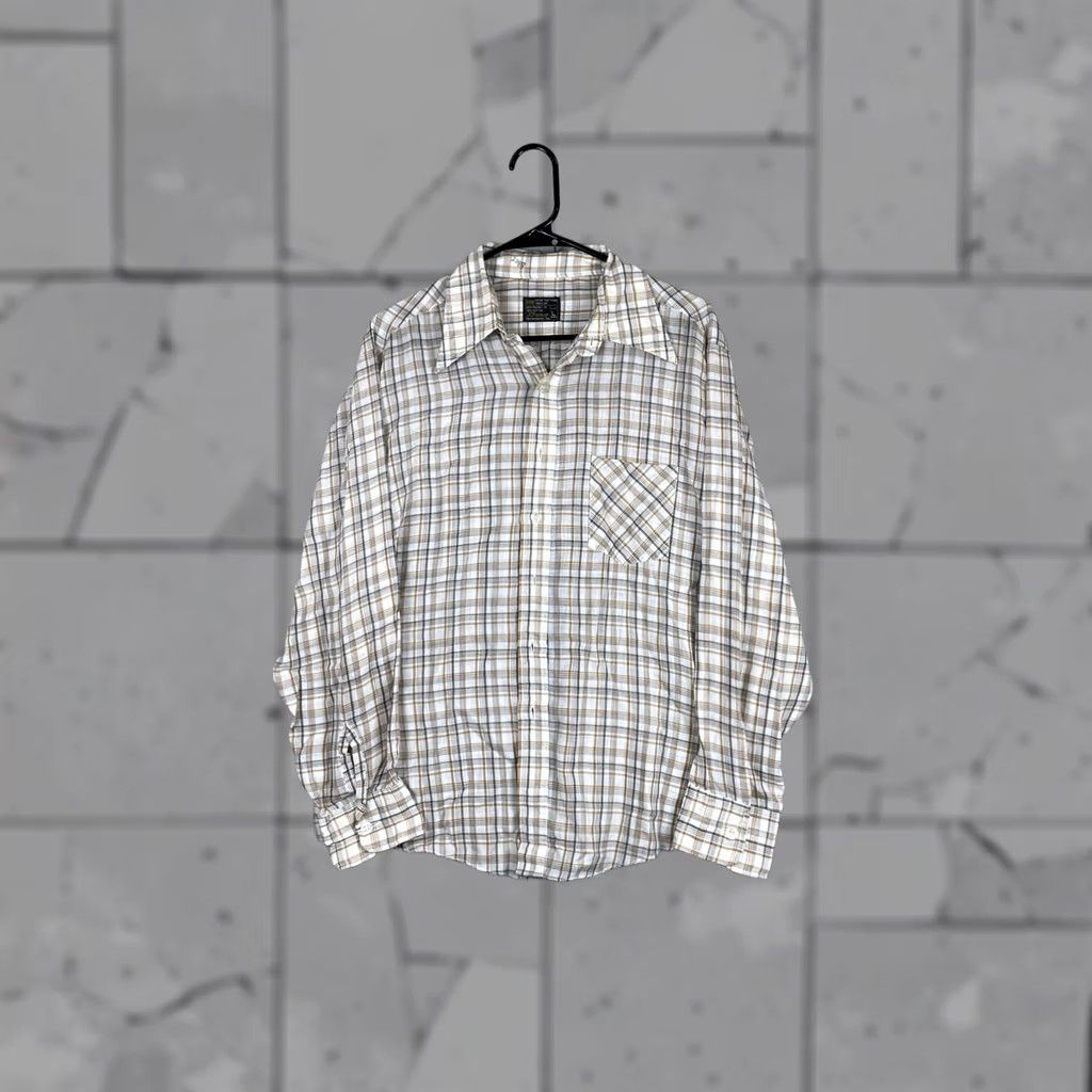 JCPenney VINTAGE JCPenney Shirt Mens Large Beige Plaid Long Sleeve Button Front Casual Size US L / EU 52-54 / 3 - 1 Thumbnail