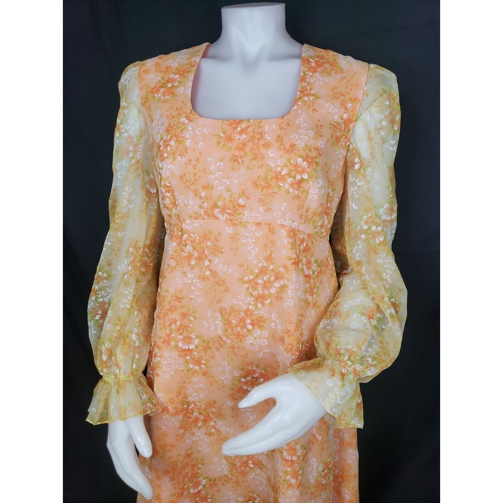 Handmade Vtg Maxi Dress Sz M Orange Floral Chiffon Overlay Empire Pra Size M / US 6-8 / IT 42-44 - 1 Thumbnail