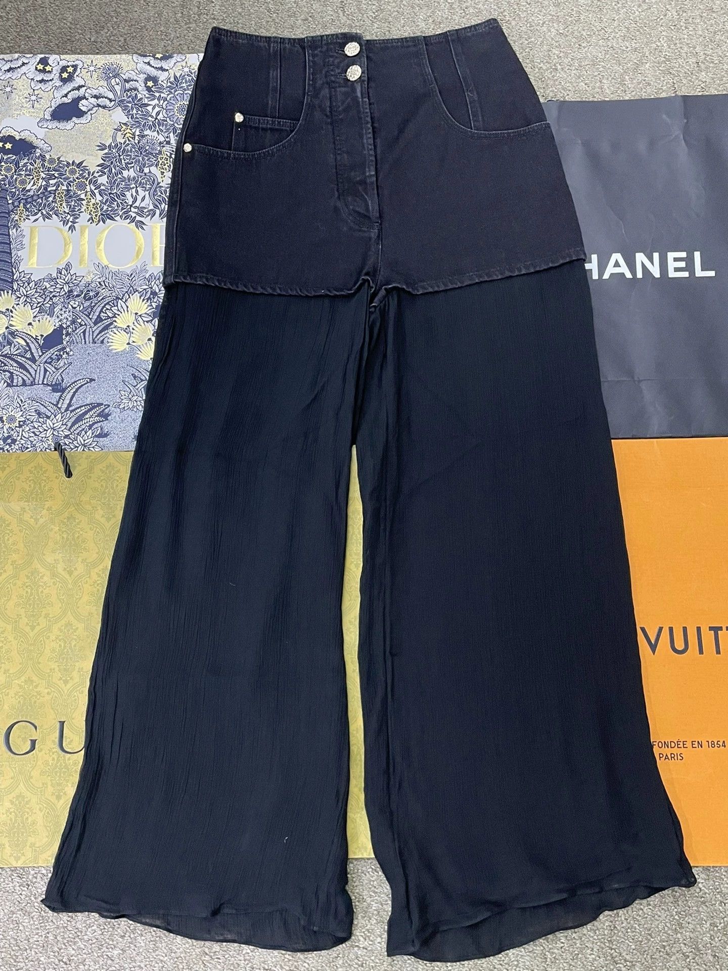 Chanel Black Denim Mesh Panel Pants - dmc