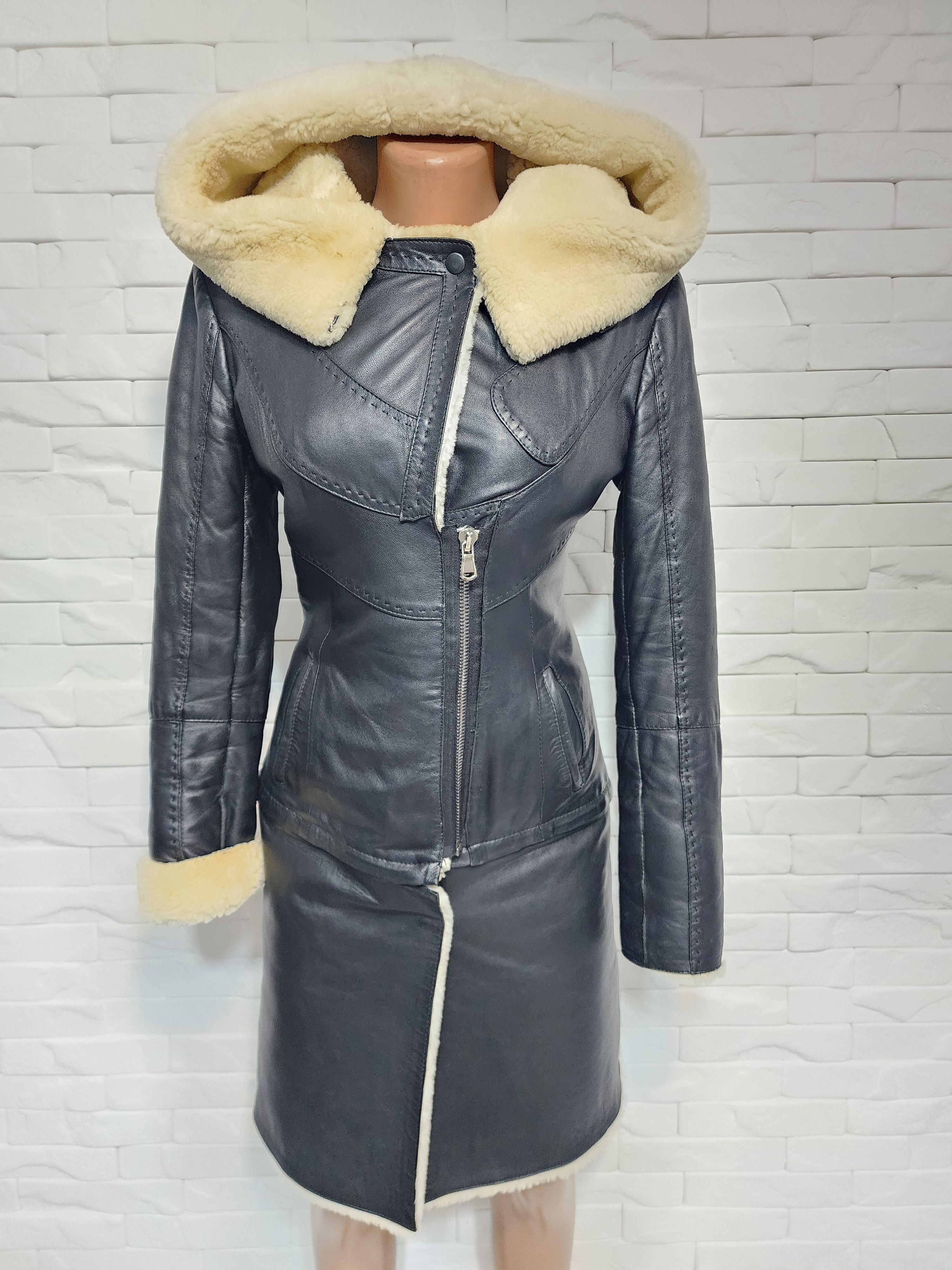 Genuine Leather Hooded Black Sheepskin Coat: Detachable Bottom Jacket Size XS / US 0-2 / IT 36-38 - 2 Thumbnail