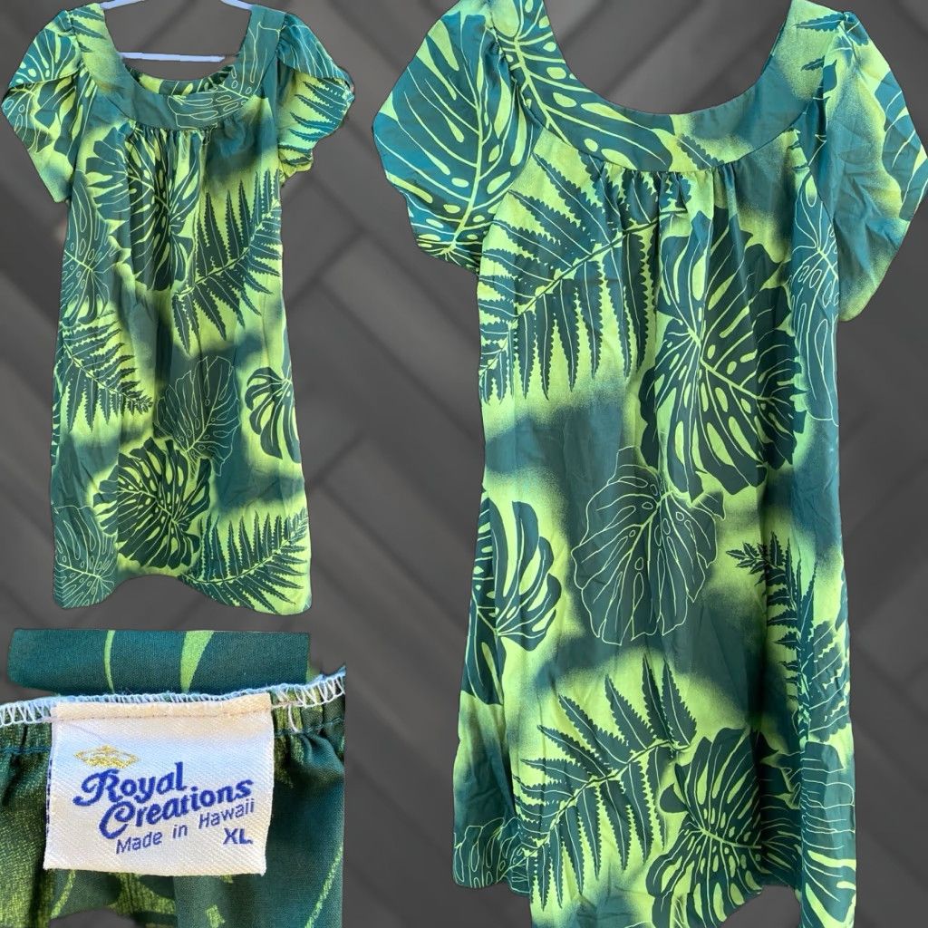Vintage Royal Creations Muumuu Hawaiian Dress Hawaii Aloha XL Green Midi Polyester Blend Tulip Sleeves ZIP Not a stretchy fabric? Size XL / US 12-14 / IT 48-50 - 1 Thumbnail