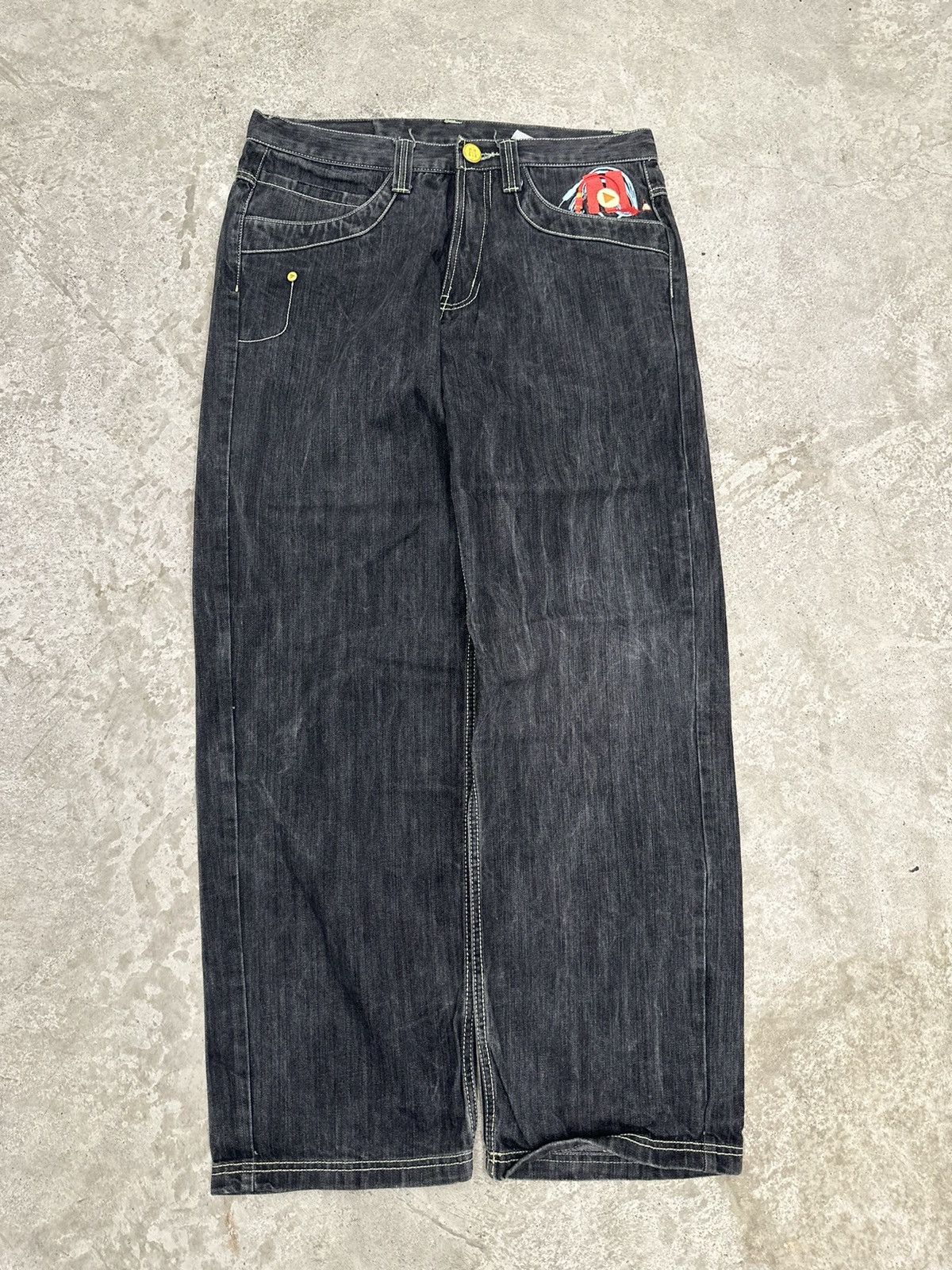 Crazy Baggy Embroidered Y2K JNCO Style Faded Black Jeans