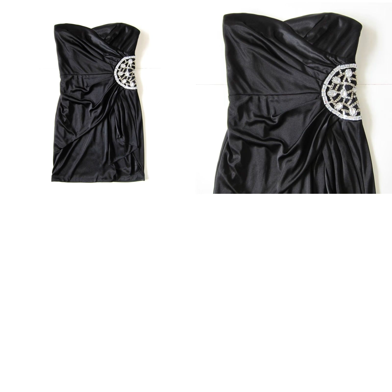Vintage Teeze Me Black Satin Stretch Diamond Jewel Ruched Strapless Prom Party Dress M Womens Dress Size M / US 6-8 / IT 42-44 - 8 Thumbnail
