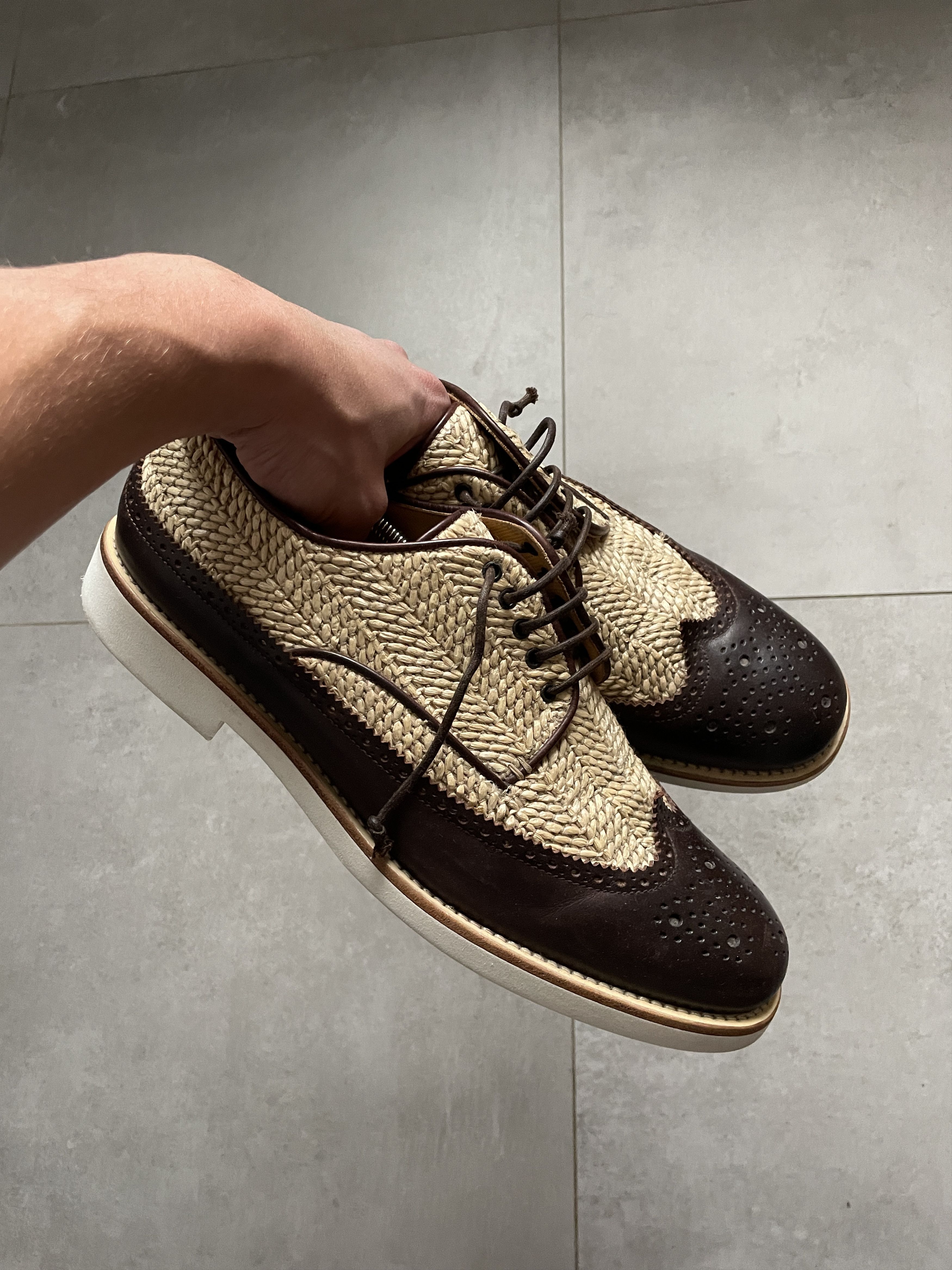 Giorgio Armani GIORGIO ARMANI BROWN LEATHER STRAW OXFORD SHOES Size US 11 / EU 44 - 1 Thumbnail