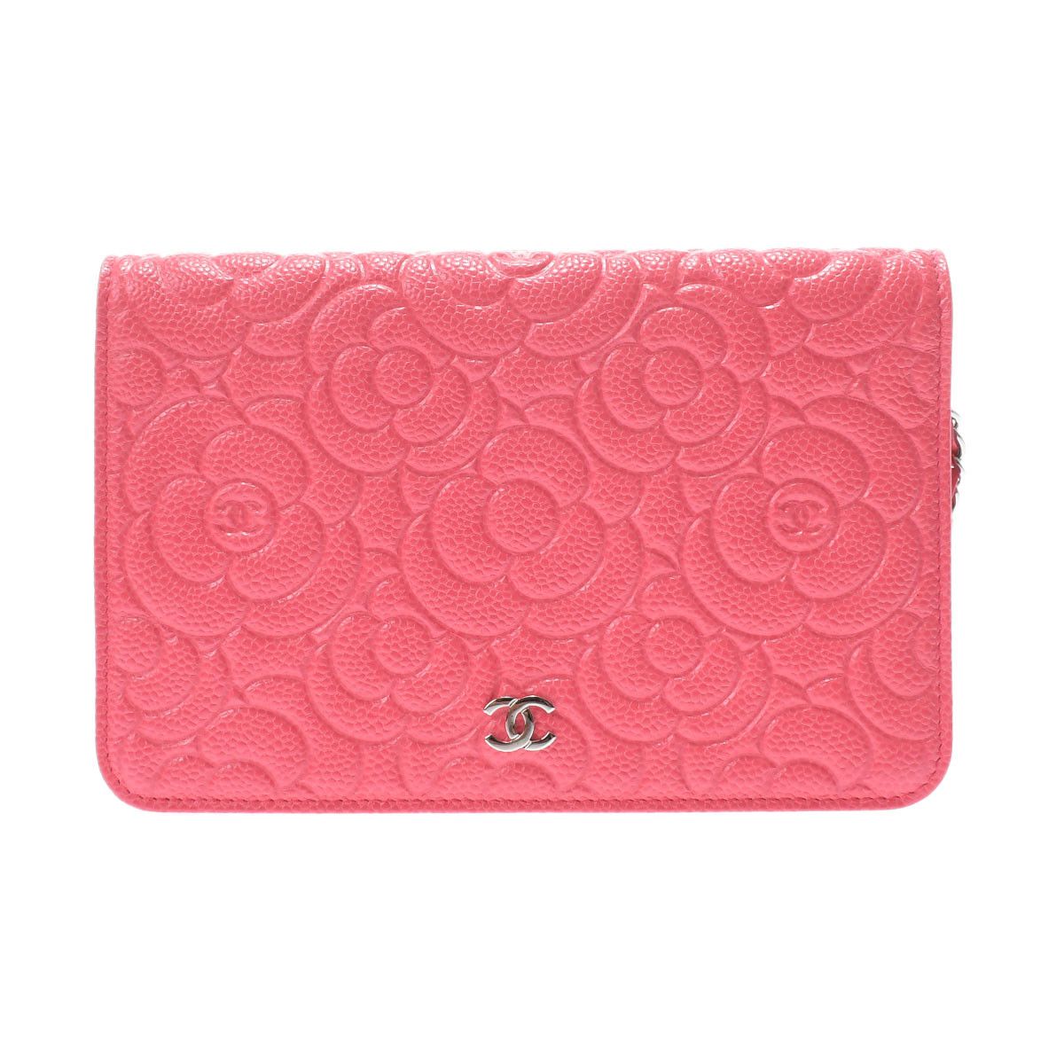 Chanel Camellia Chain Wallet Pink Silver Hardware Grained Calfskin Shoulder Bag