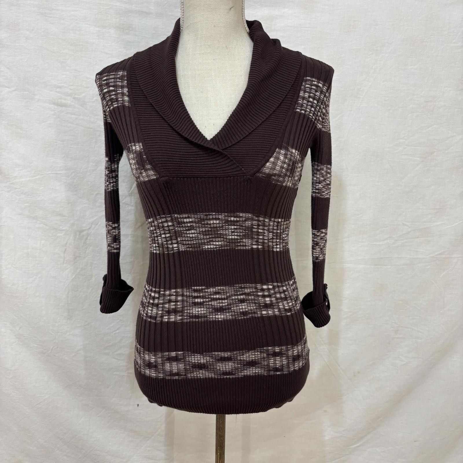 Other Vtg Y2K ribbed collared chocolate & cream sweater blouse Size M / US 6-8 / IT 42-44 - 1 Thumbnail