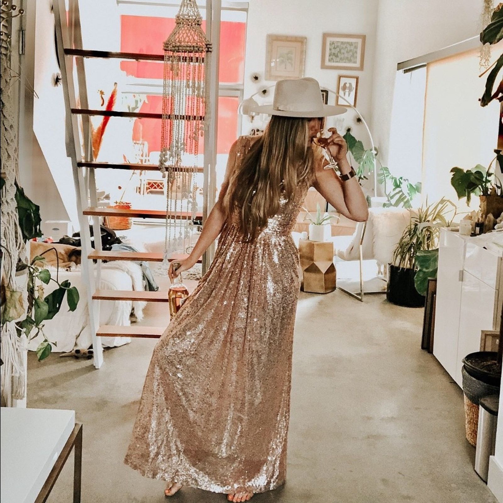 Nordstrom NEW KATE KASIN Pink Rose Gold Sequin Sparkle Maxi Gown Dress