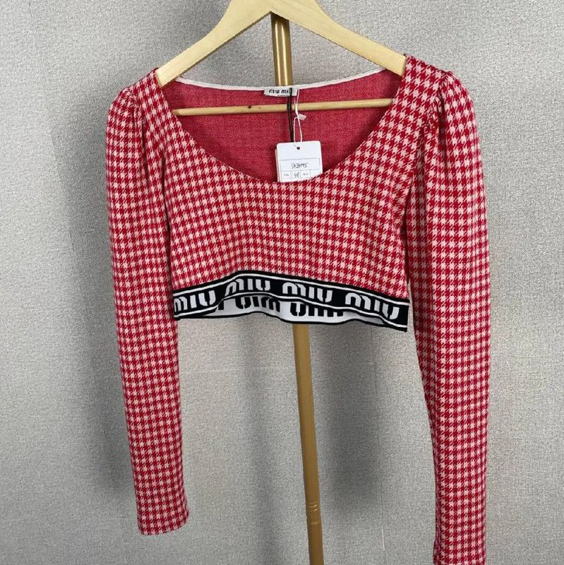 Miu Miu Miu Miu Red Houndstooth Long Sleeve Top 0089 Size M / US 6-8 / IT 42-44 - 1 Thumbnail