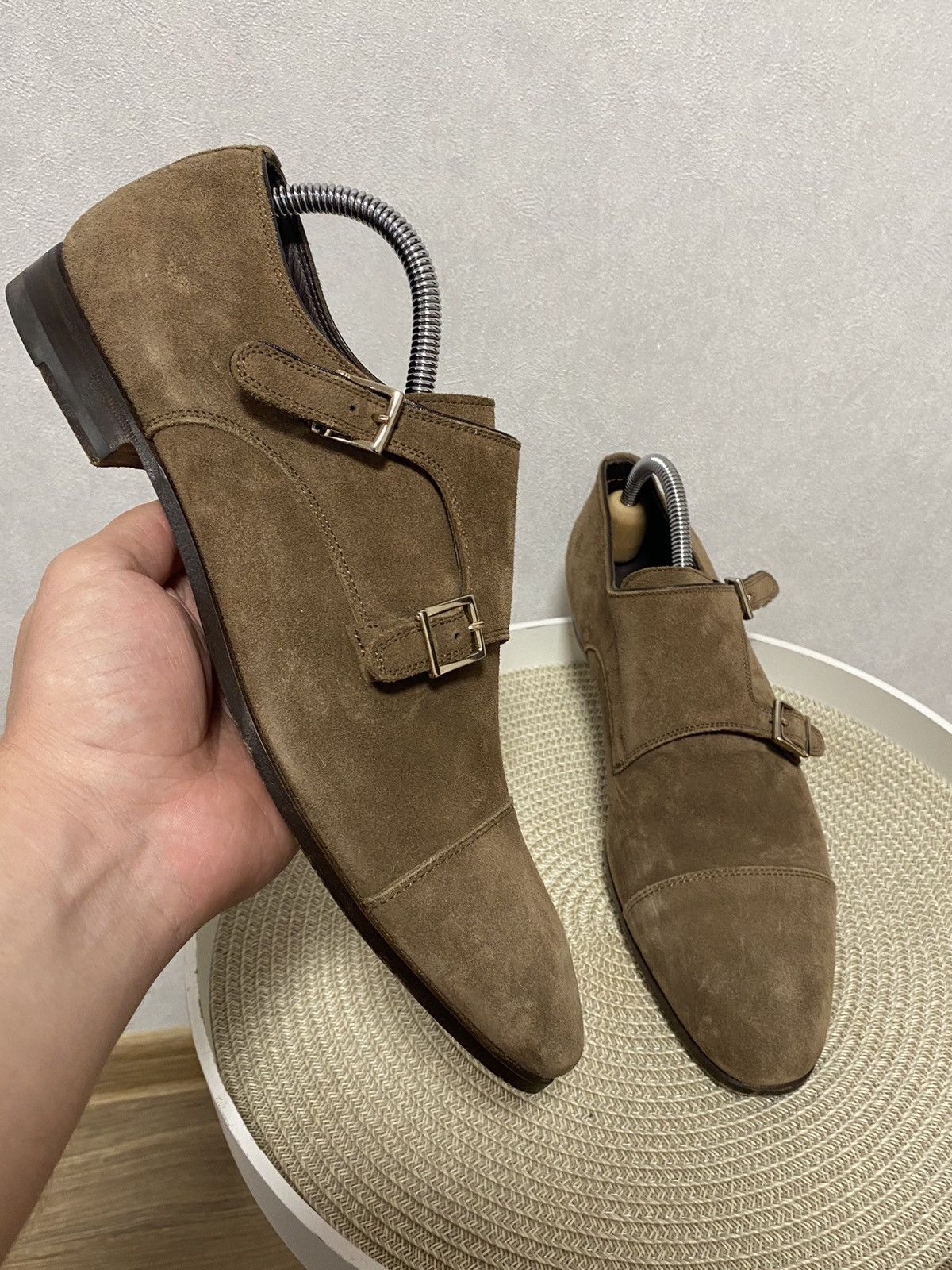 Santoni Santoni Taupe Suede Double Monk Strap Shoes Size: 7/41 Size US 8 / EU 41 - 1 Thumbnail