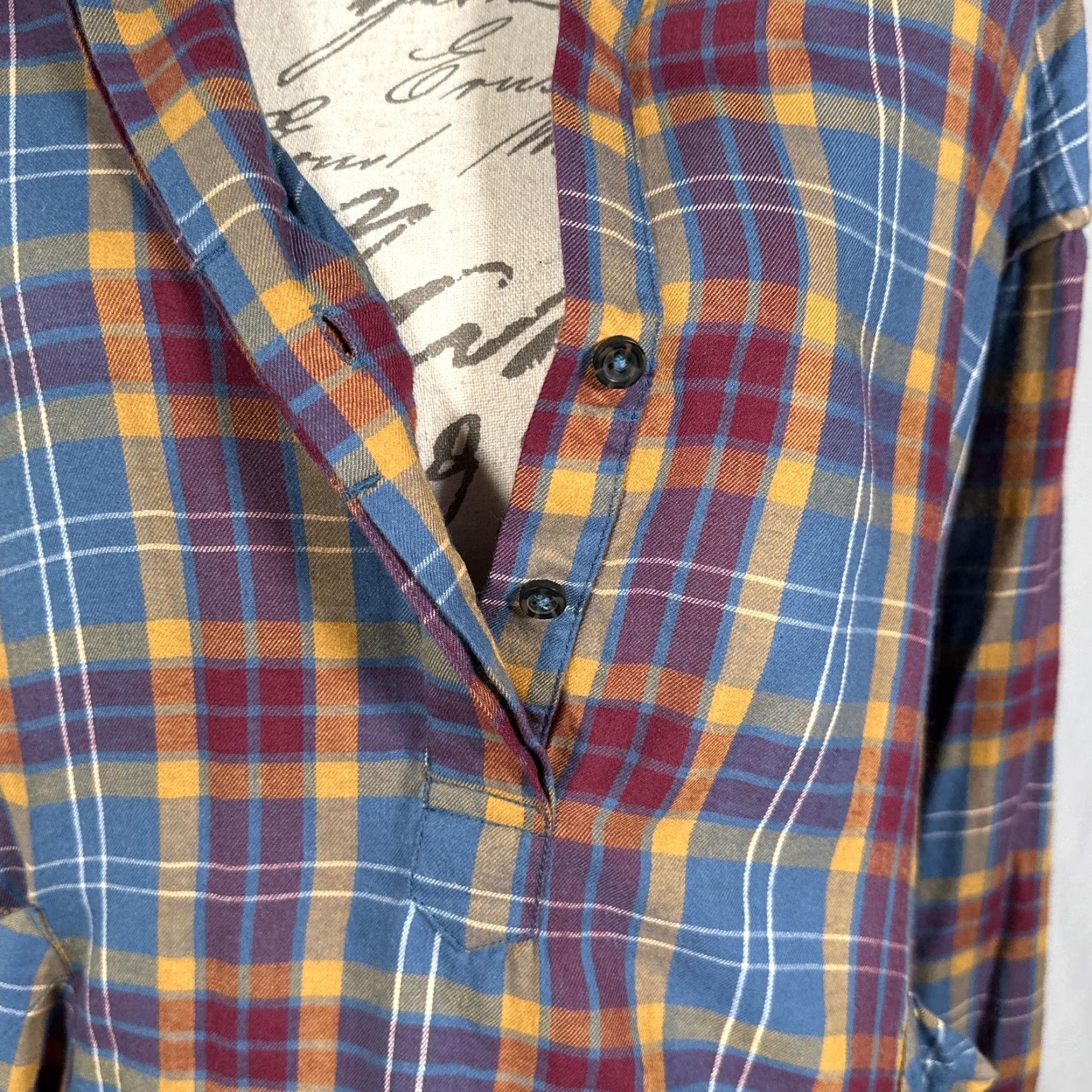 KAVU KAVU Womens Medium Blue Yellow Plaid Flannel Long Sleeve Tunic Shirt with Pockets Size M / US 6-8 / IT 42-44 - 7 Thumbnail