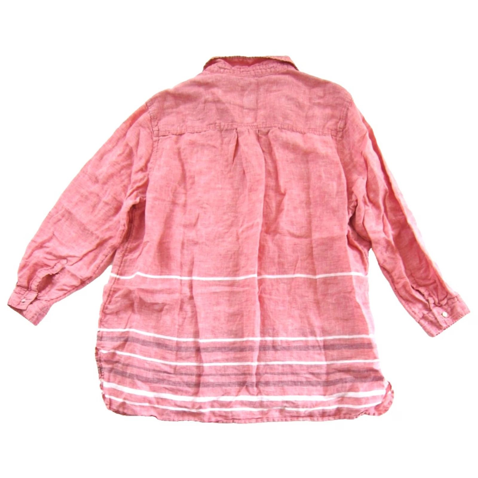 Vintage Tahari 100% Linen Pink White Stripe 3/4 Sleeve Collared V-Neck Tunic Blouse 2X Size XXL / US 16-18 / IT 52-54 - 2 Thumbnail