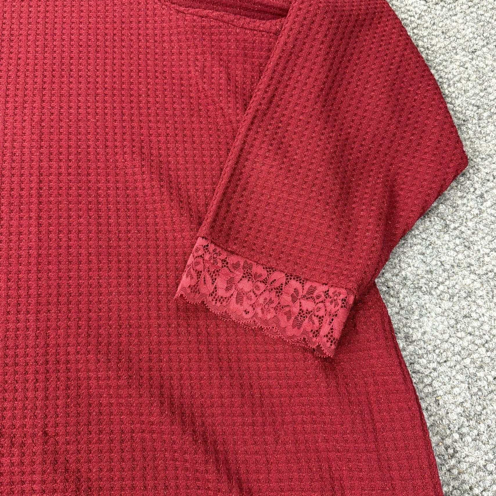 Vintage LOGO Lori Goldstein Sweater 5X Red Mock Neck Waffle Knit Lace Womens Size XXL / US 16-18 / IT 52-54 - 2 Thumbnail
