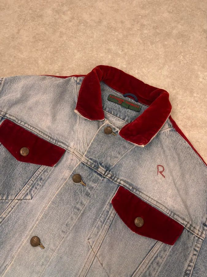 Katharine Hamnett London 1980s Katherine Hamnett Blue Denim Floral Jacket with Red Velvet Size US M / EU 48-50 / 2 - 5 Thumbnail