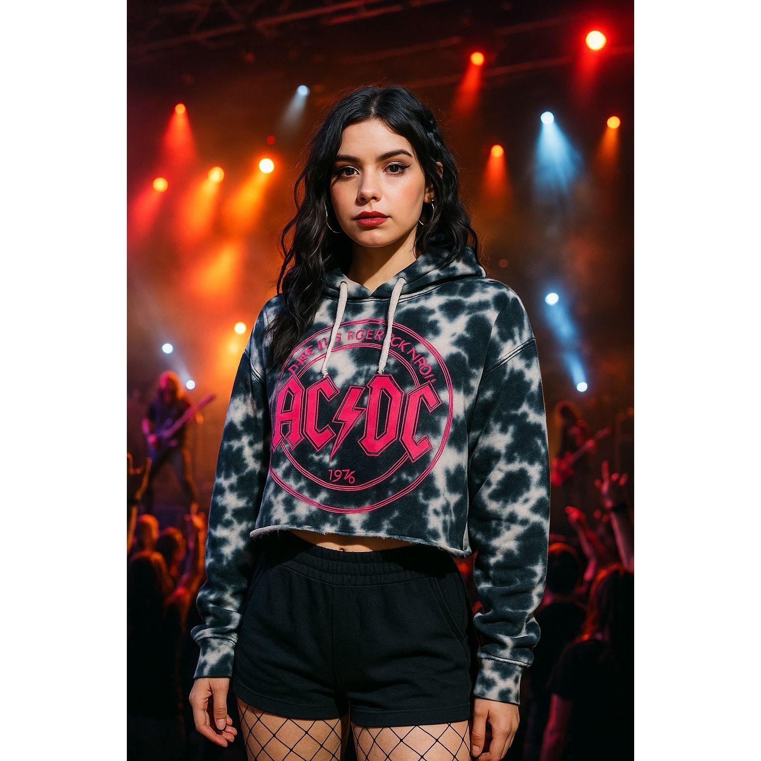 AC/DC ACDC Black White Tie Dye Cropped Hoodie Sweatshirt Graphic L Size M / US 6-8 / IT 42-44 - 2 Thumbnail