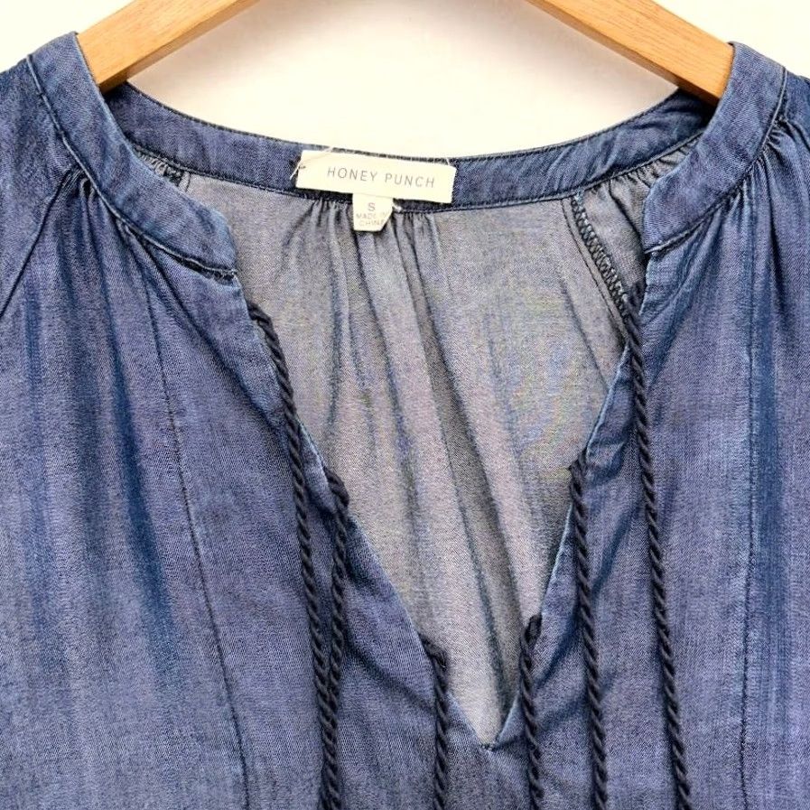 Vintage Honey Punch Dress Womens S Blue Chambray Denim Boho Tassel Peasant Blouse Tunic Mini Size Size S / US 4 / IT 40 - 6 Thumbnail