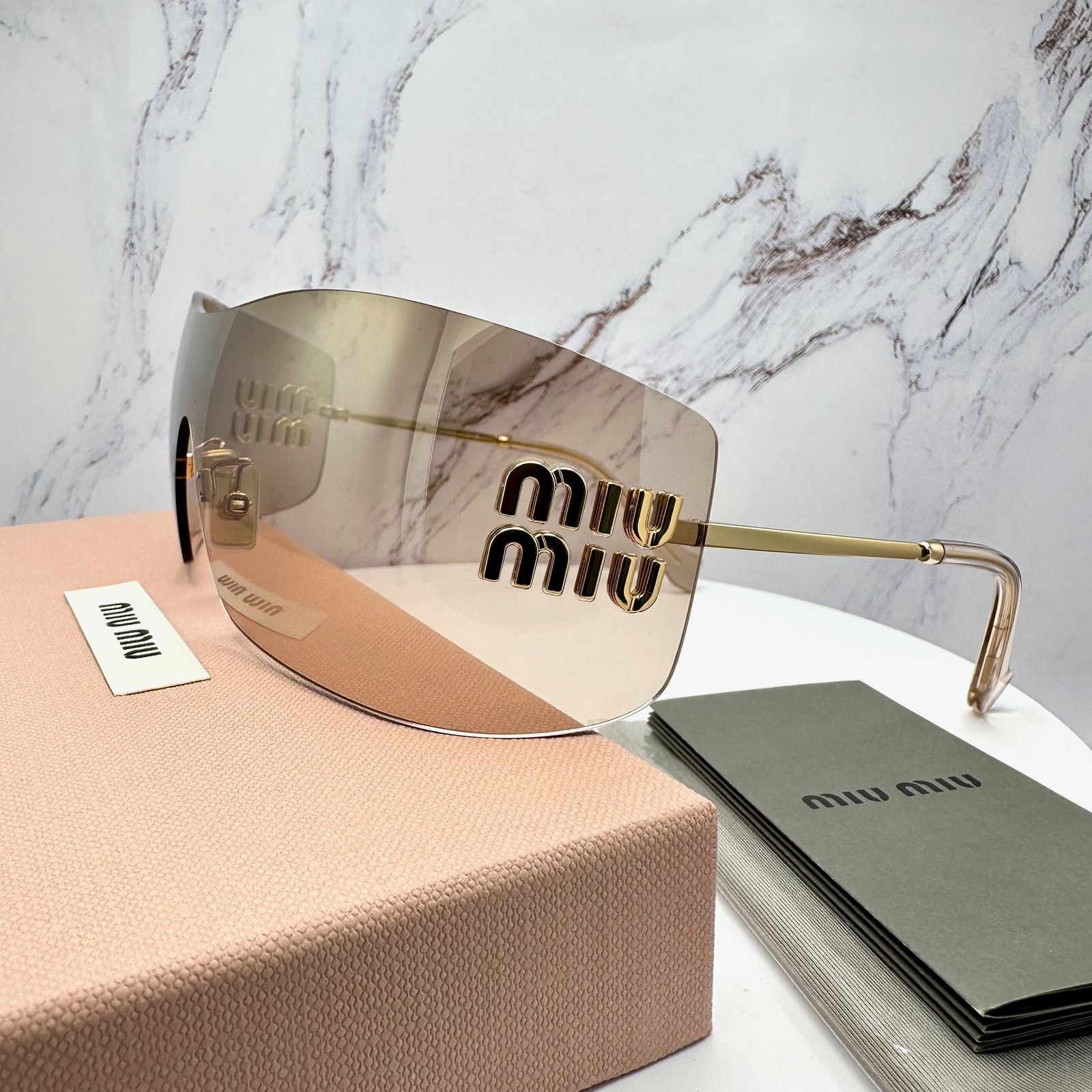 Miu Miu New MIU MIU Sunglasses Gold Light Mirror Bronze Rimless Wrap Size ONE SIZE - 9 Thumbnail